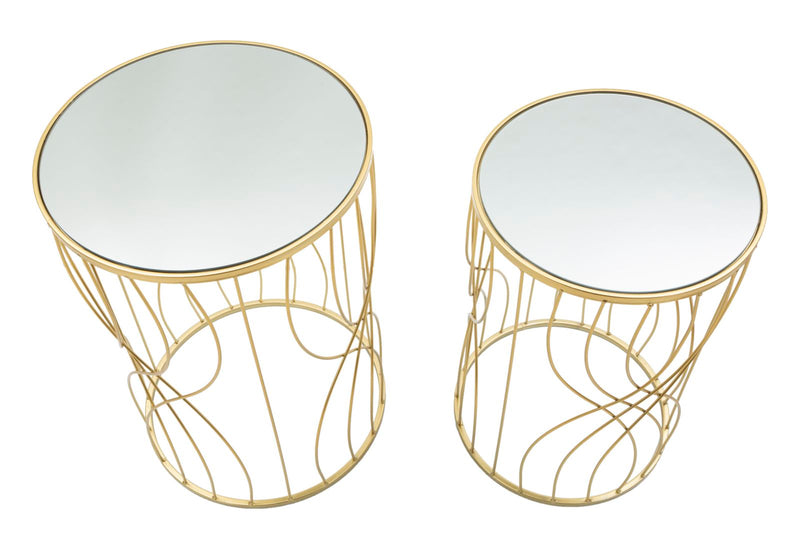 Round Golden Metal & Glass Side Table with Geometric Lines in Pair