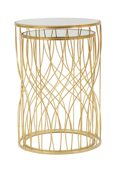 Round Golden Metal & Glass Side Table with Geometric Lines in Pair