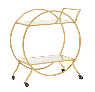 Round Golden Metal & Glass Trolley with 2 Shelves