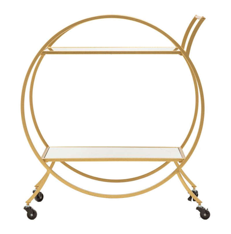 Round Golden Metal & Glass Trolley with 2 Shelves