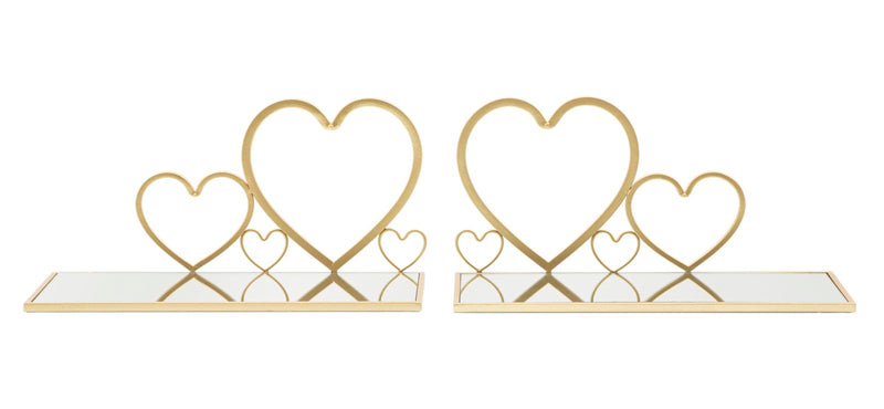 Golden Metal & Glass Heart Wall Shelf in Pair