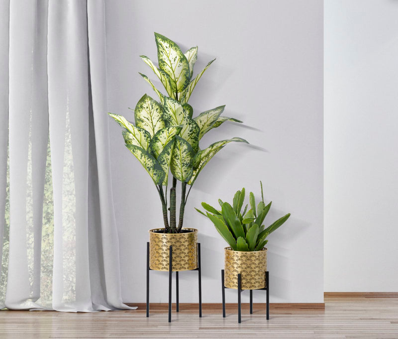 Golden Metal Leaf Patterned Plant Pot