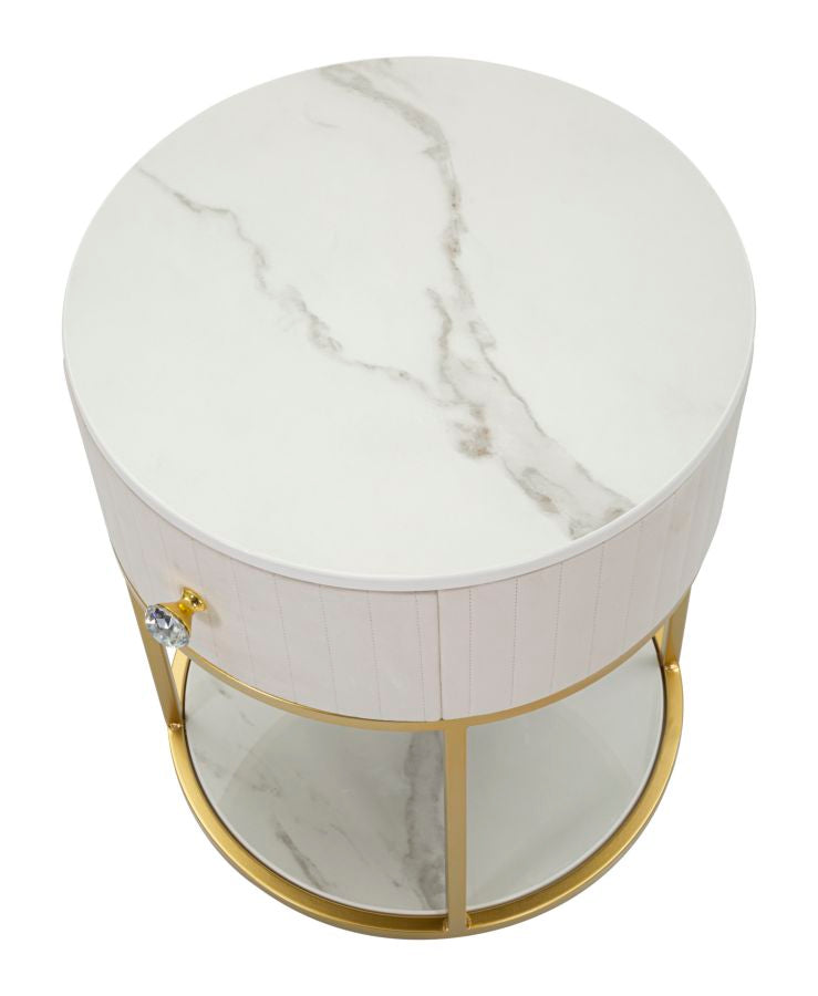 Golden & White Metal Marble Patterned Bedside Table