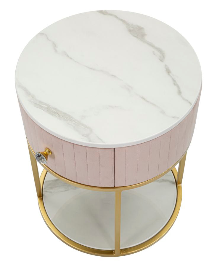 Golden & Pink Metal Marble Patterned Bedside Table