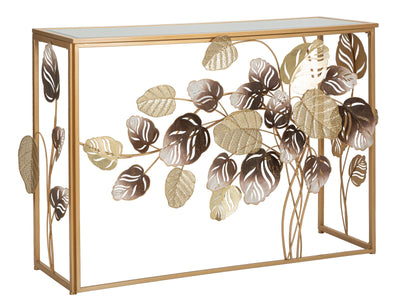 Square Metal & Wooden Console Table with Decorative Leaves