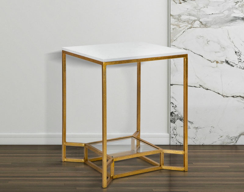 Small Metal Golden Square Coffee Table with Marble Top