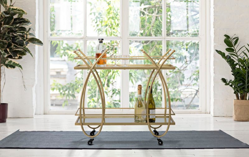 Golden Metal & Glass Rectangular Trolley with 2 Shelves and Wheels