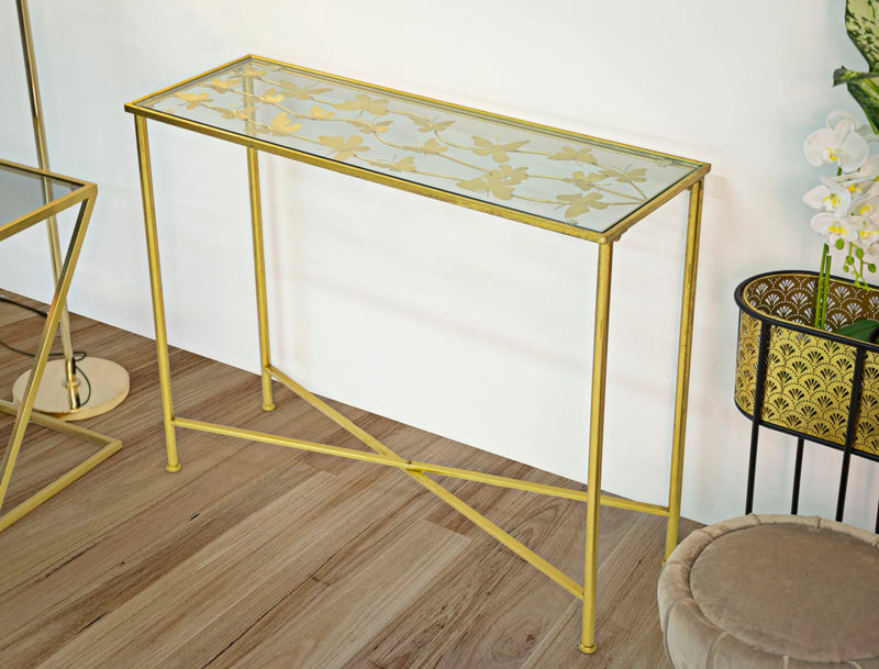 Golden Metal & Glass Rectangular Console Table
