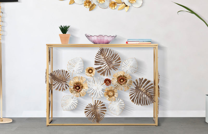 Golden Metal & Glass Console Table with Leaf & Flower Decor