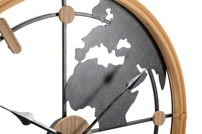 Metal & Wooden World Map Wall Clock