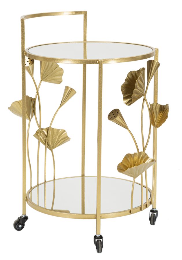 Small Round Golden Metal Trolley with Leaf Decor