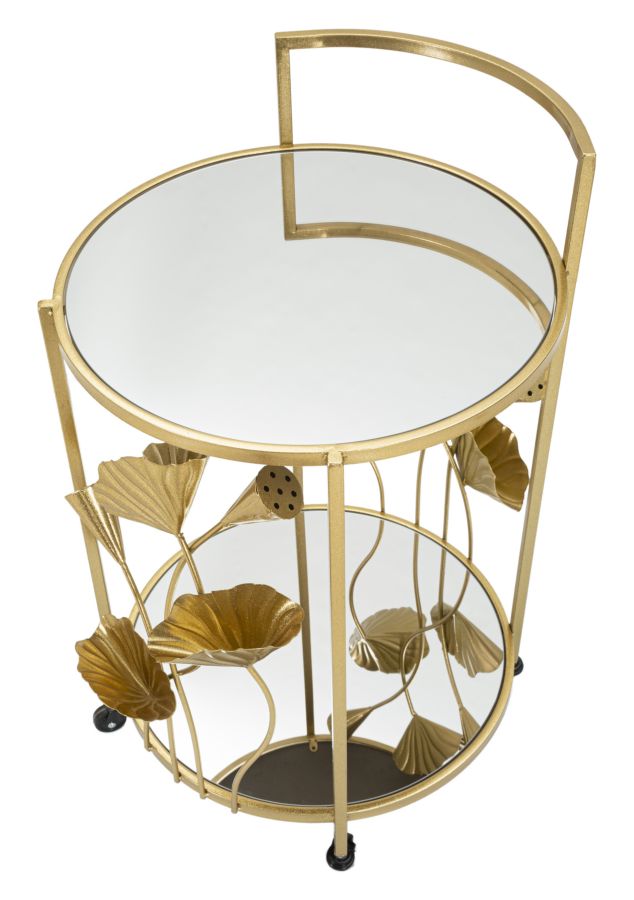 Small Round Golden Metal Trolley with Leaf Decor