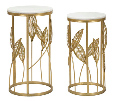 Small Round Golden Metal Table with Leaf Decor Set of 2