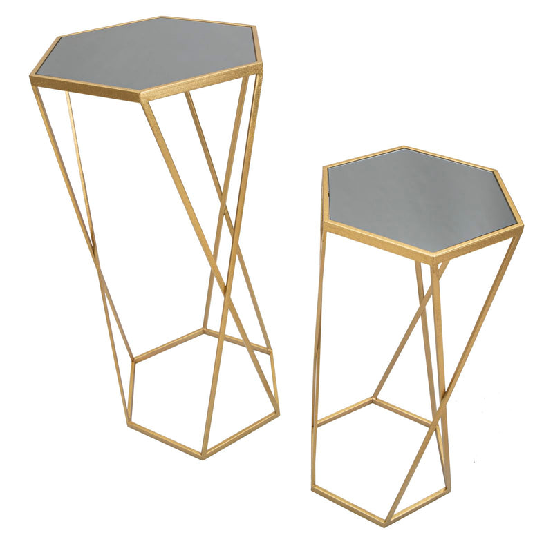 Golden Metal & Glass Hexagonal Small Table in Pair