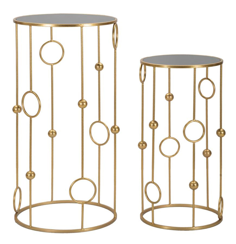 Golden Metal & Galss Round Small Table with Geometric Design in Pair