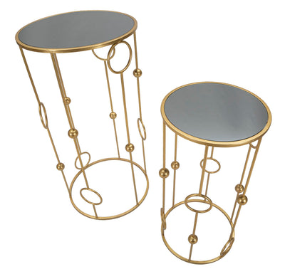 Golden Metal & Galss Round Small Table with Geometric Design in Pair