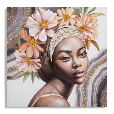 Handmade Black Woman with Floral Headdress Canvas Painting