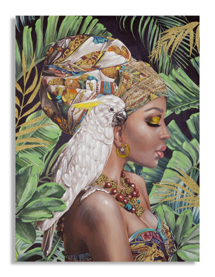 Handmade Painting of an African Lady in The Jungle with a Parrot