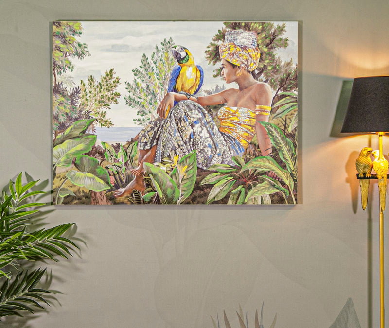 Handmade Painting of an African Lady in The Jungle with a Parrot