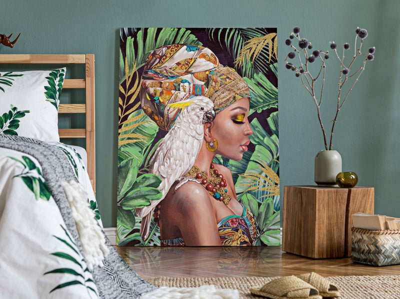 Handmade Painting of an African Lady in The Jungle with a Parrot