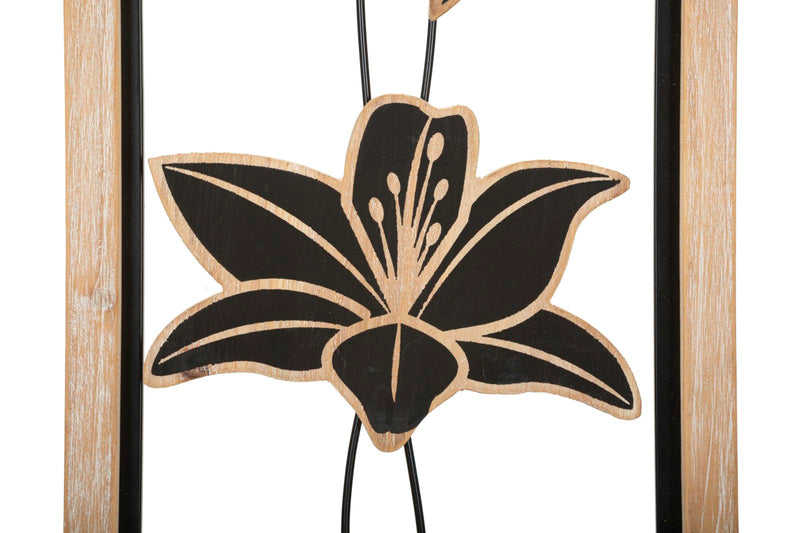 Metal Black & Wooden Flower Wall Decor in Square Frame