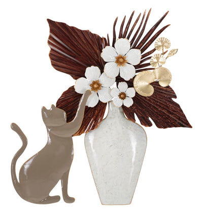 Metal Cat & Vase with Flowers Wall Decor