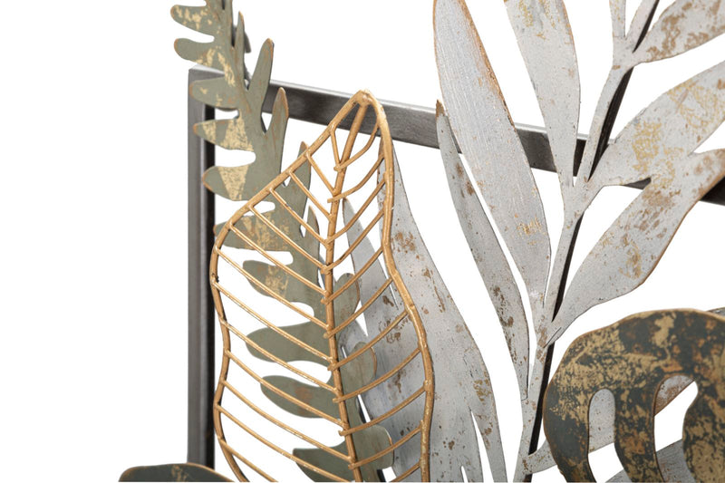 Metal & Wooden Vase with Tropical Leaves Wall Decor