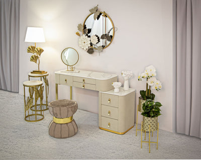 Golden & White Dressing Table with Marble Patterned Top