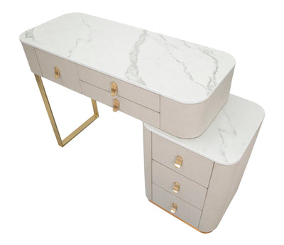 Golden & White Dressing Table with Marble Patterned Top