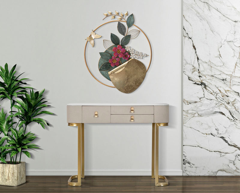 Golden & White Console Table with Marble Patterned Top