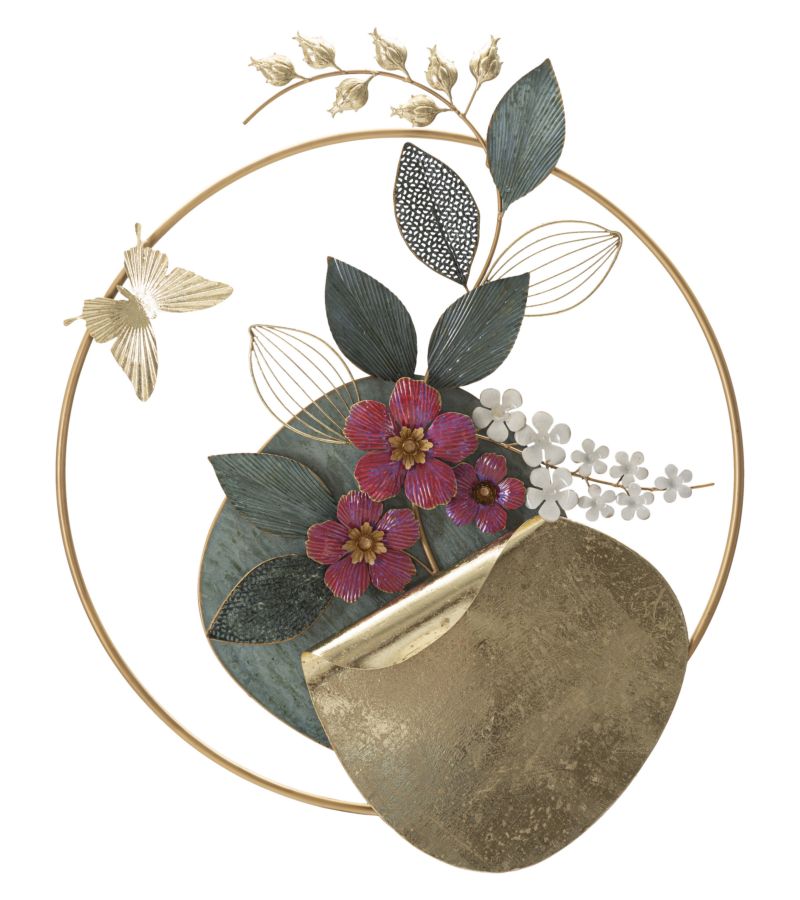 Metal Flower & Leaf Wall Decor in Round Frame