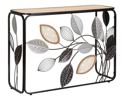 Square Metal & Wooden Console Table with Decorative Leaves