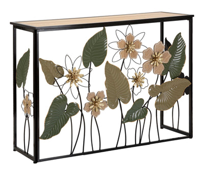 Square Metal & Wooden Console Table with Flower & Leaf decor