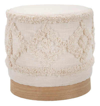 Cream Round Pouffe with Wooden Base