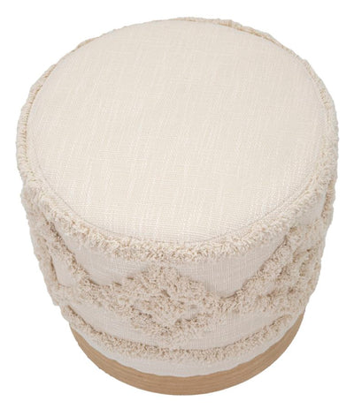 Cream Round Pouffe with Wooden Base