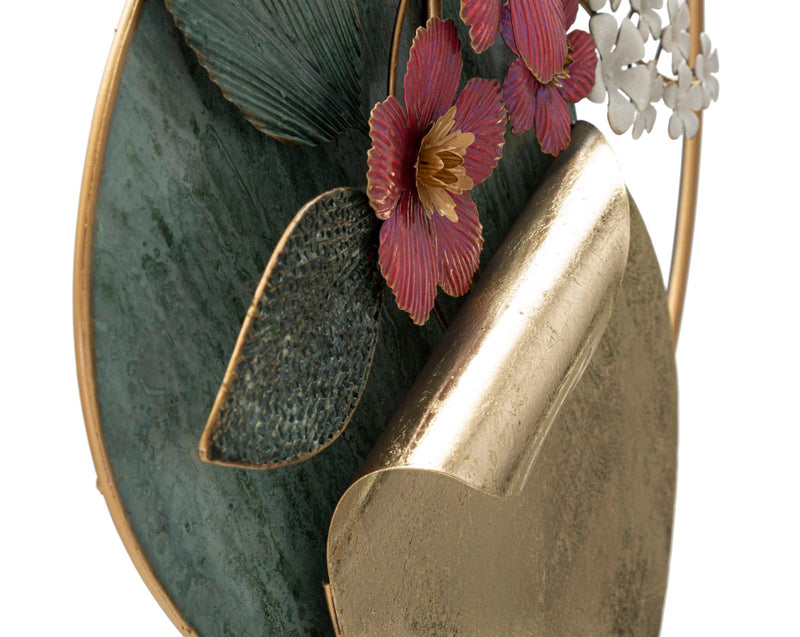 Metal Flower & Leaf Wall Decor in Round Frame