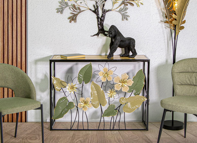 Square Metal & Wooden Console Table with Flower & Leaf decor