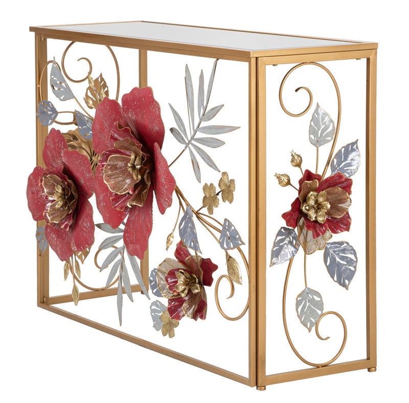 Metal & Glass Console Table with Leaves & Red Flowers