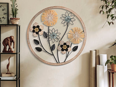 Metal & Wooden Flower Wall Decor in Round Frame