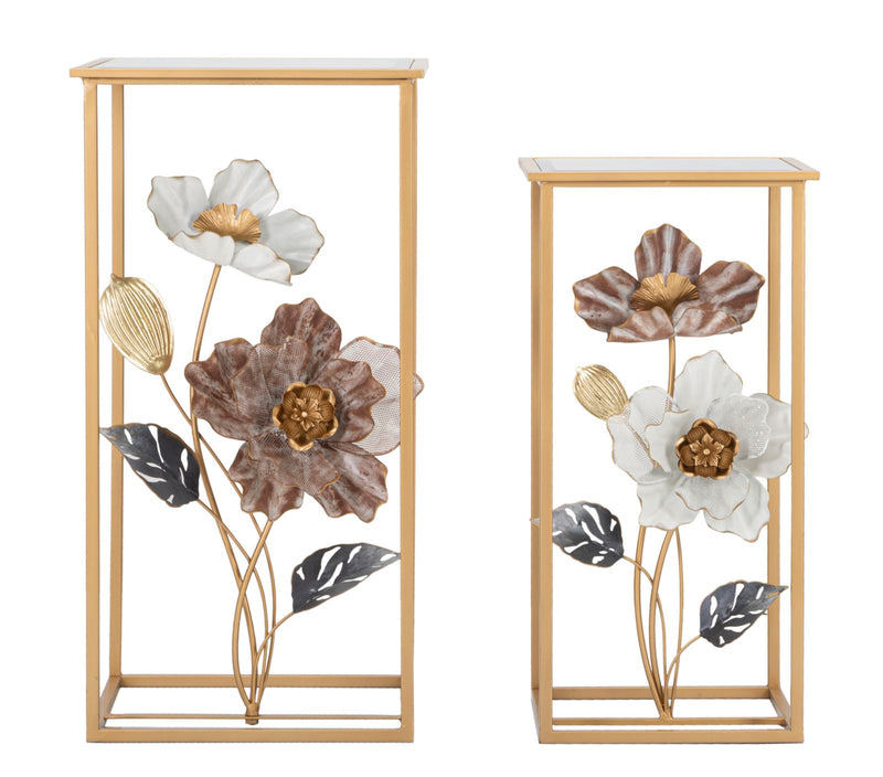 Small Metal & Glass Square Table with Flower Decor in Pair
