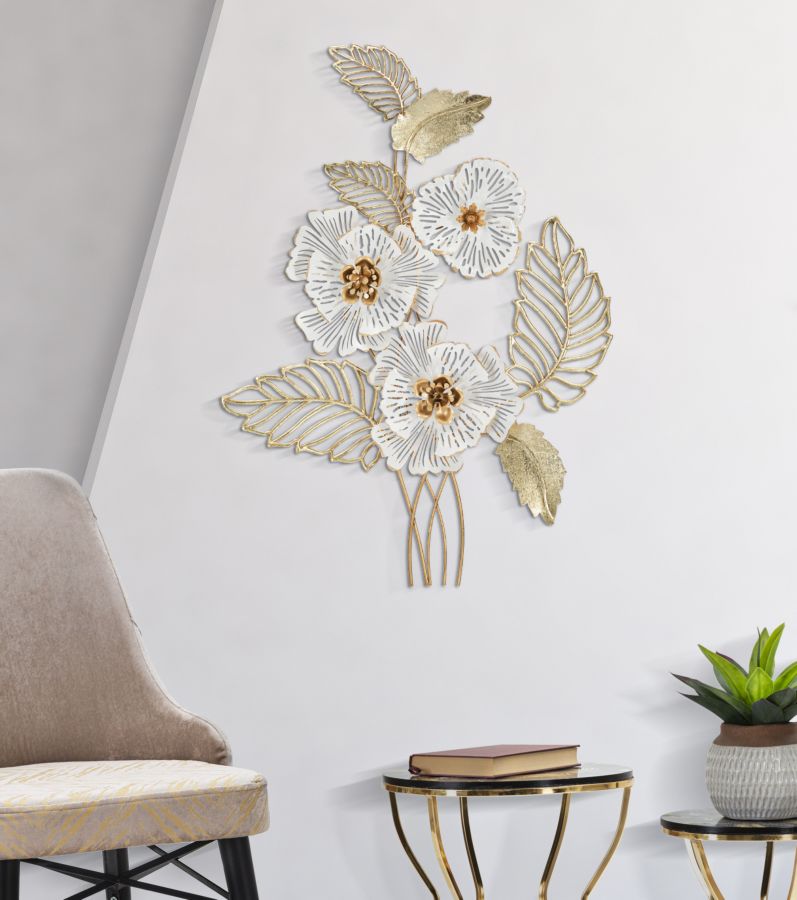 Golden & White Metal Flowers & Leaves Wall Decor