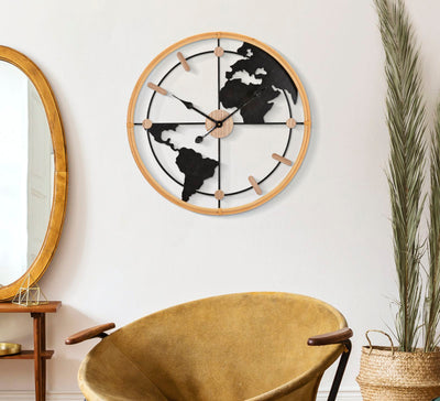 Metal & Wooden World Map Wall Clock