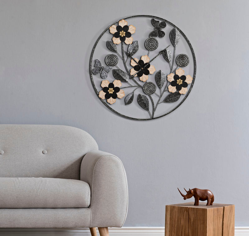 Black Metal & Wooden Floral Wall Clock