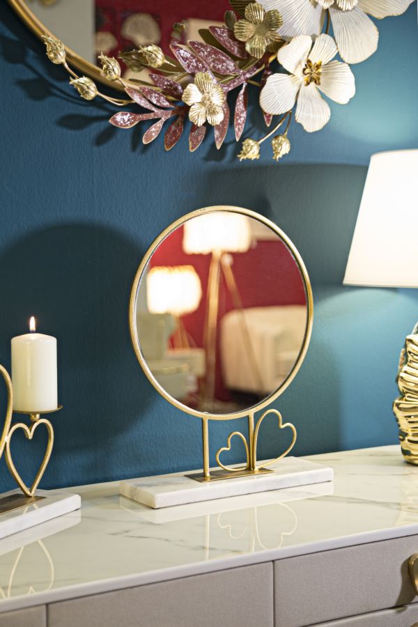 Metal Round Table Mirror with small Heart Decor
