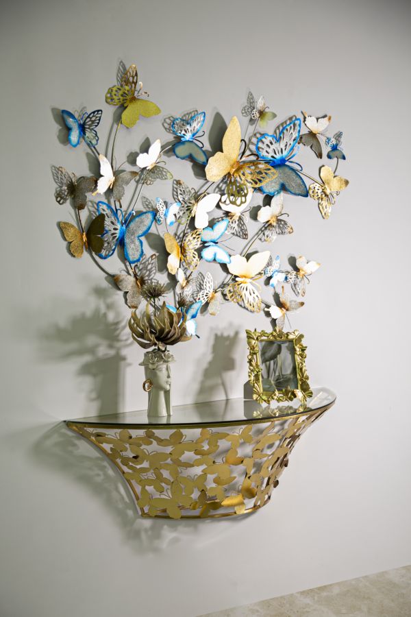 Golden Metal & Glass Butterfly Wall Console