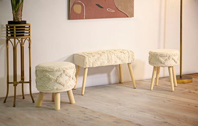 Cream Rectangular Bench with Wooden Legs