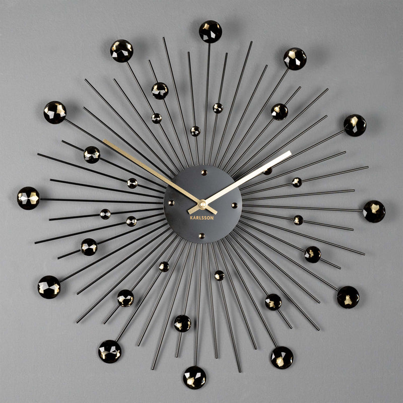 Black & Golden Wall Clock "Sunburst" with Crystals (Large)