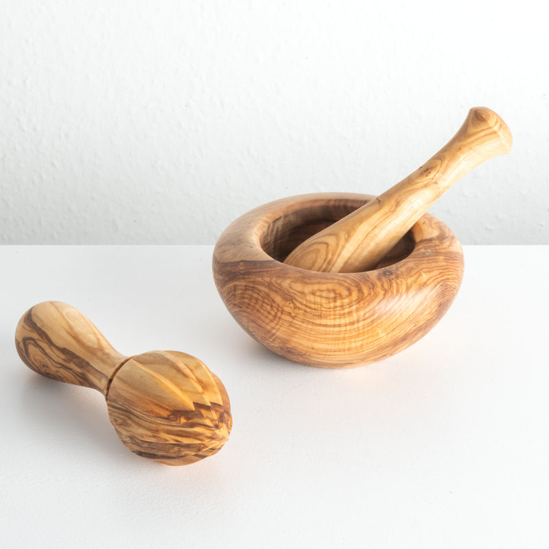 Handmade Olive Wood Culinary Essentials Set (Mortar & Lemon Squeezer)