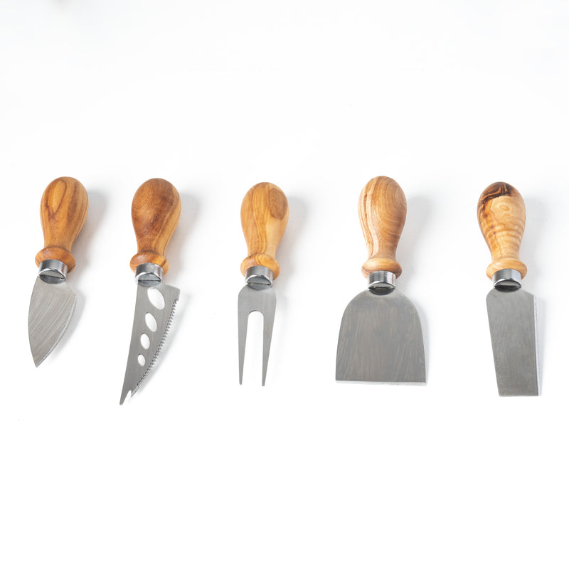 Handmade Olive Wood & Metal Cheese Knife Set (5-Piece)