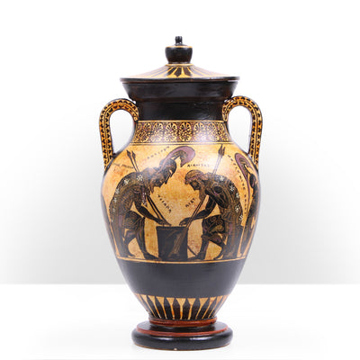 Black-Figure Greek Vase Urn with Mythological Scene (Greek Warriors)